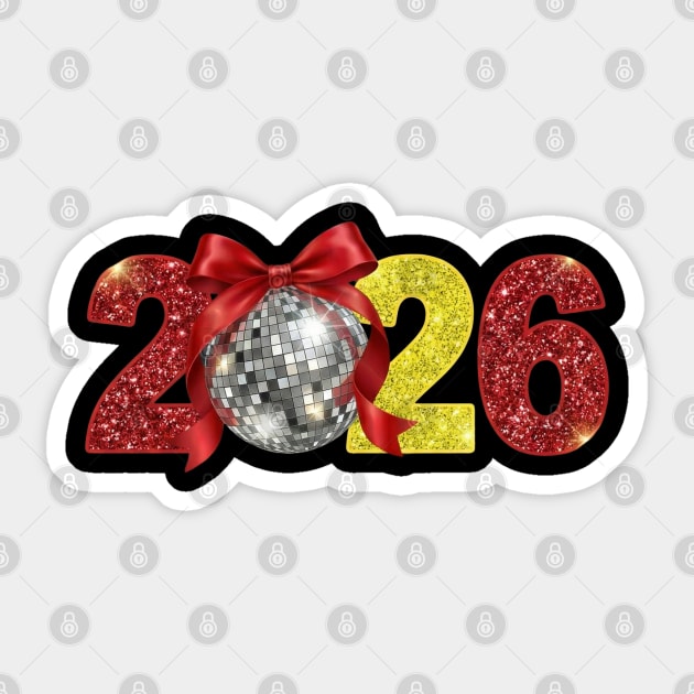 Happy New Year 2026 Disco Ball Red Coquette Bow Sticker by Creatifly Graphic Tees